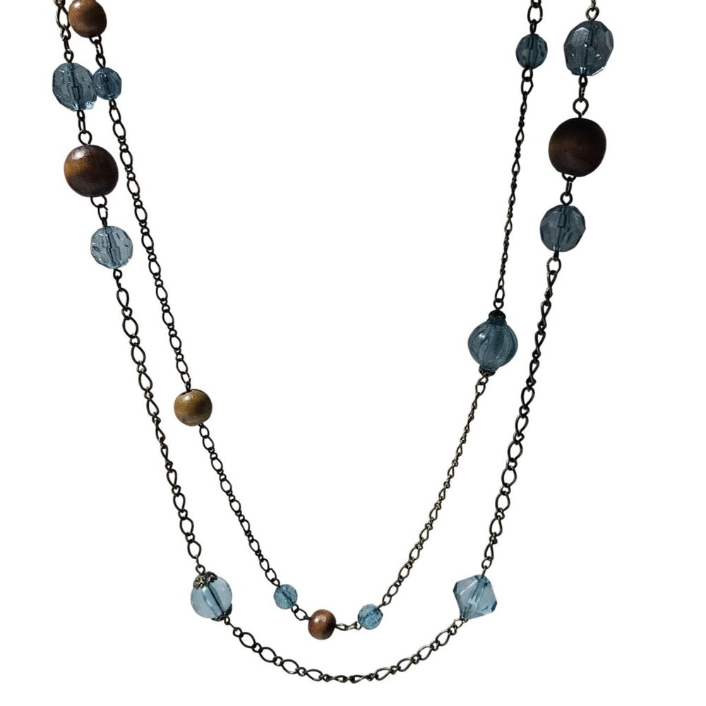 Elegant Beaded Bronze Chain Double Strand Necklace Blue Glass Wooden Beads Women